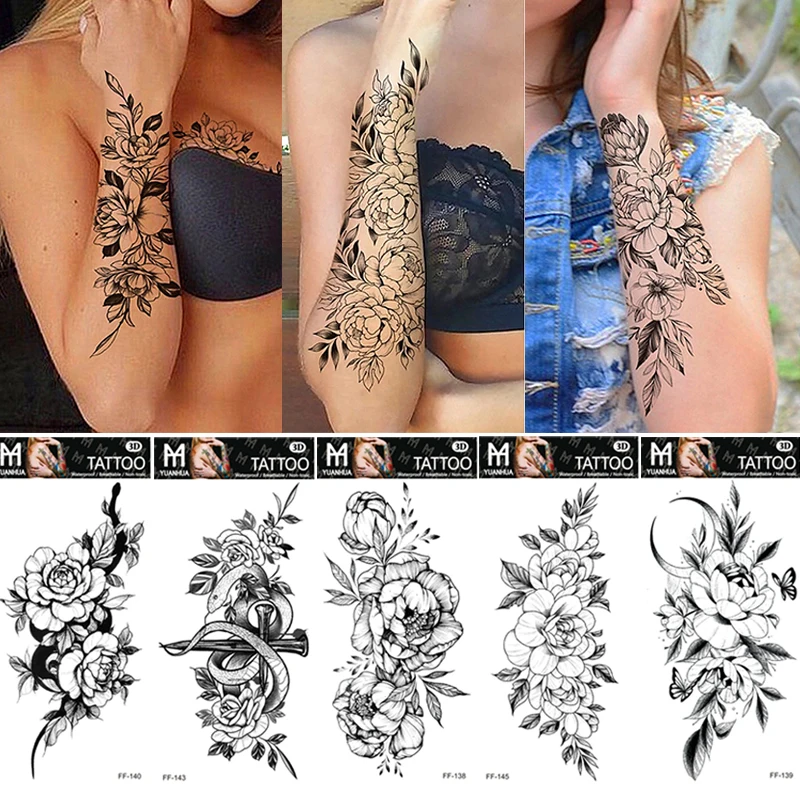 

Black Flower Temporary Tattoos Sticker Sketch Rose Water Transfer Waterproof Beauty Long Lasting Fashion Body Art Tattoo Sticker