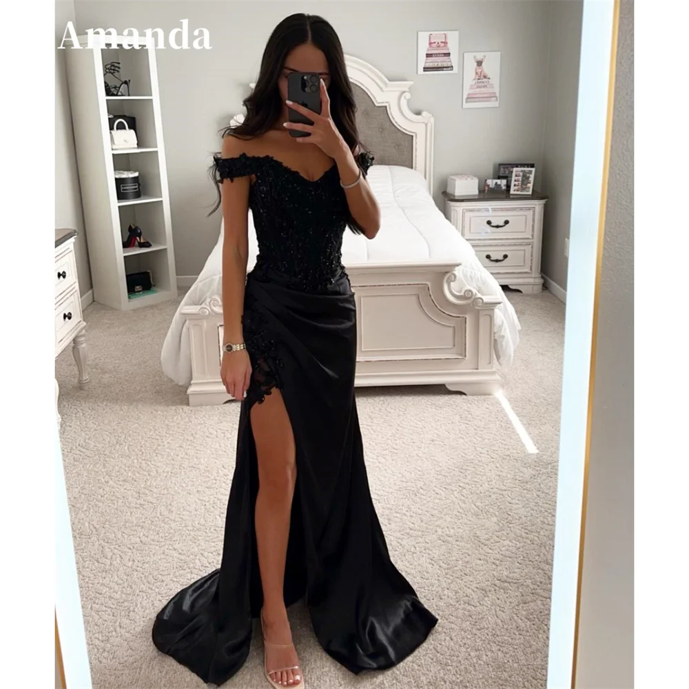 

Amanda Black Beaded Pleats Mermaid Vestido De Novia Heart Shaped Neck Satin Prom Dress 2024 Sexy Side High Split Graduation Ball