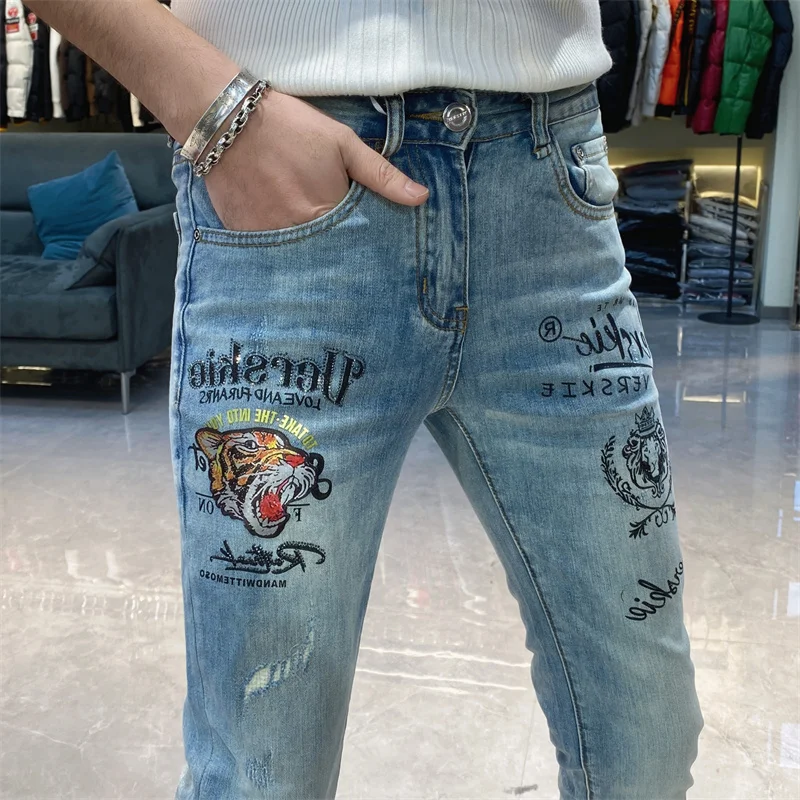 European Style Heavy Industry Hot Drill Jean Men Print Legging Slim Fit Fashion High Quality Tiger Head Rhinestones Pattern Jean