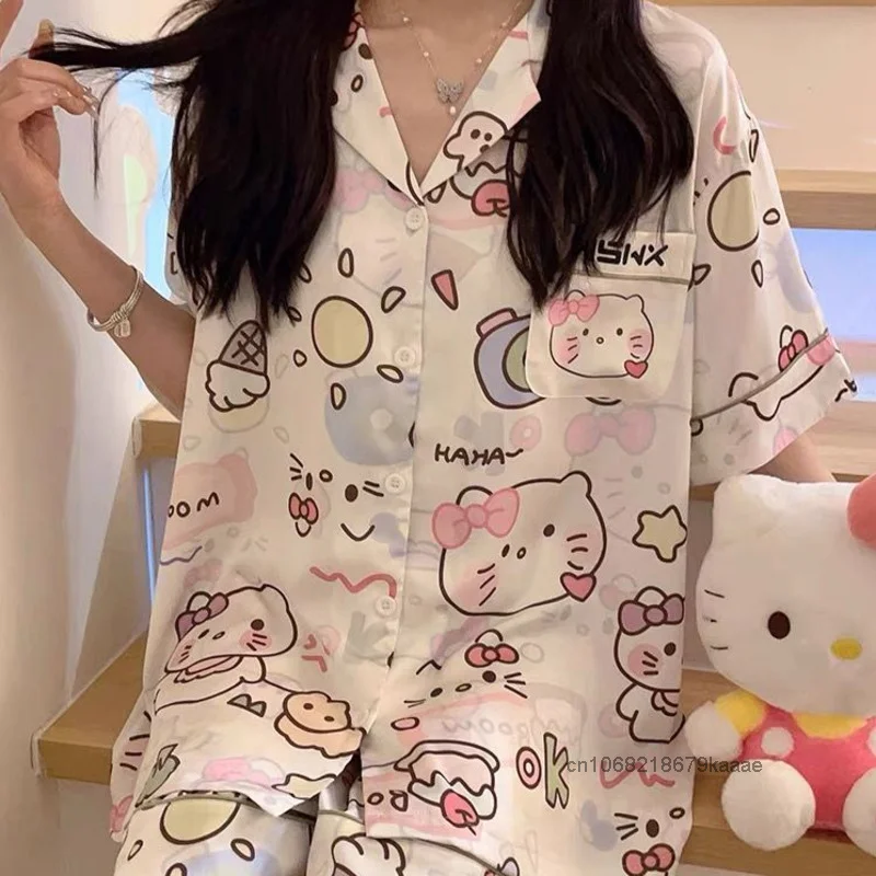 Sanrio Hello Kitty Pochacco Cinnamoroll Silk Sleepwear Summer Women\'s Cute Cartoon Print Pajamas Set Sweet Y2k Girl Home Clothes