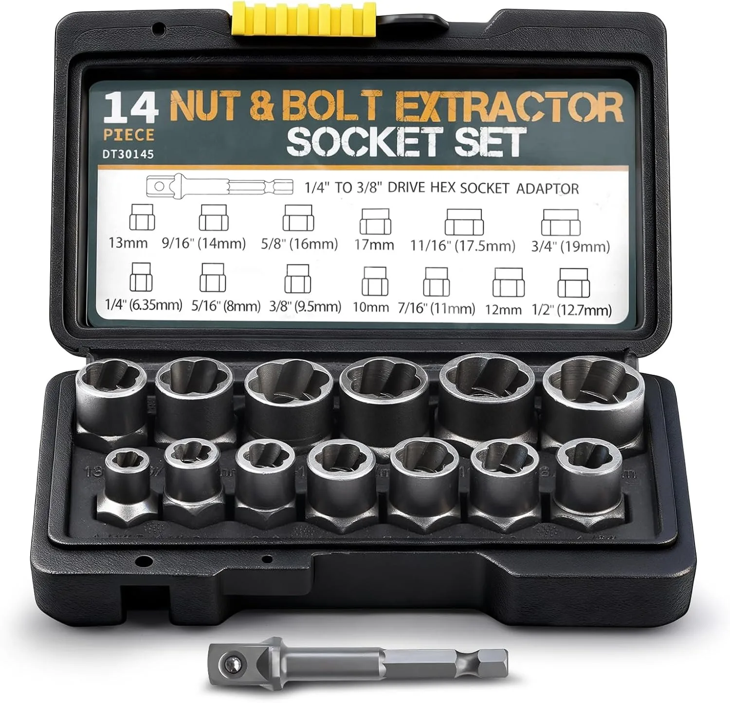 Kit Extractor de Pernos, Juego de 14 Piezas para Quitar Tuercas con Adaptador de 3/8 Pulgadas, Juego de Llaves de Caja para Pernos Dañados con Caja de Herramientas Portátil