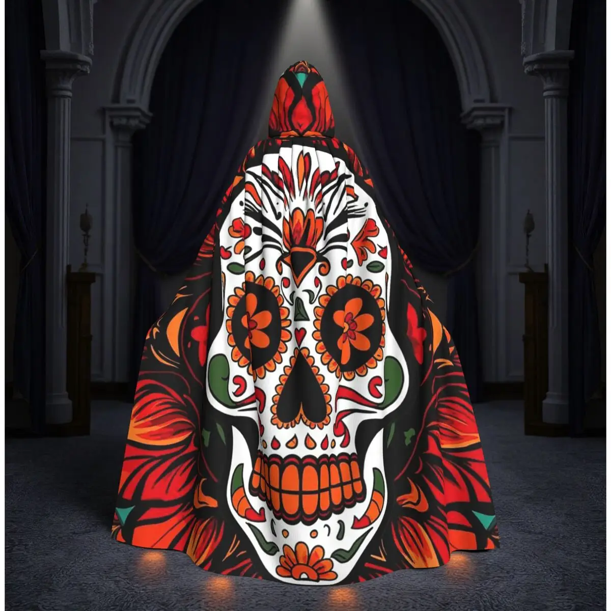 

Mexican Skull Calavera Illustration Long Hooded Cloak Witch Medieval Costume Cosplay Cape HalloweenVampire Adult Unisex