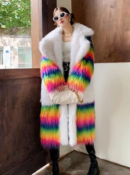 Lady Personalized Rainbow Faux Fur Coat Contrast Color Long Jacket Female Streetwear Women's Winter Coats Performance Costume