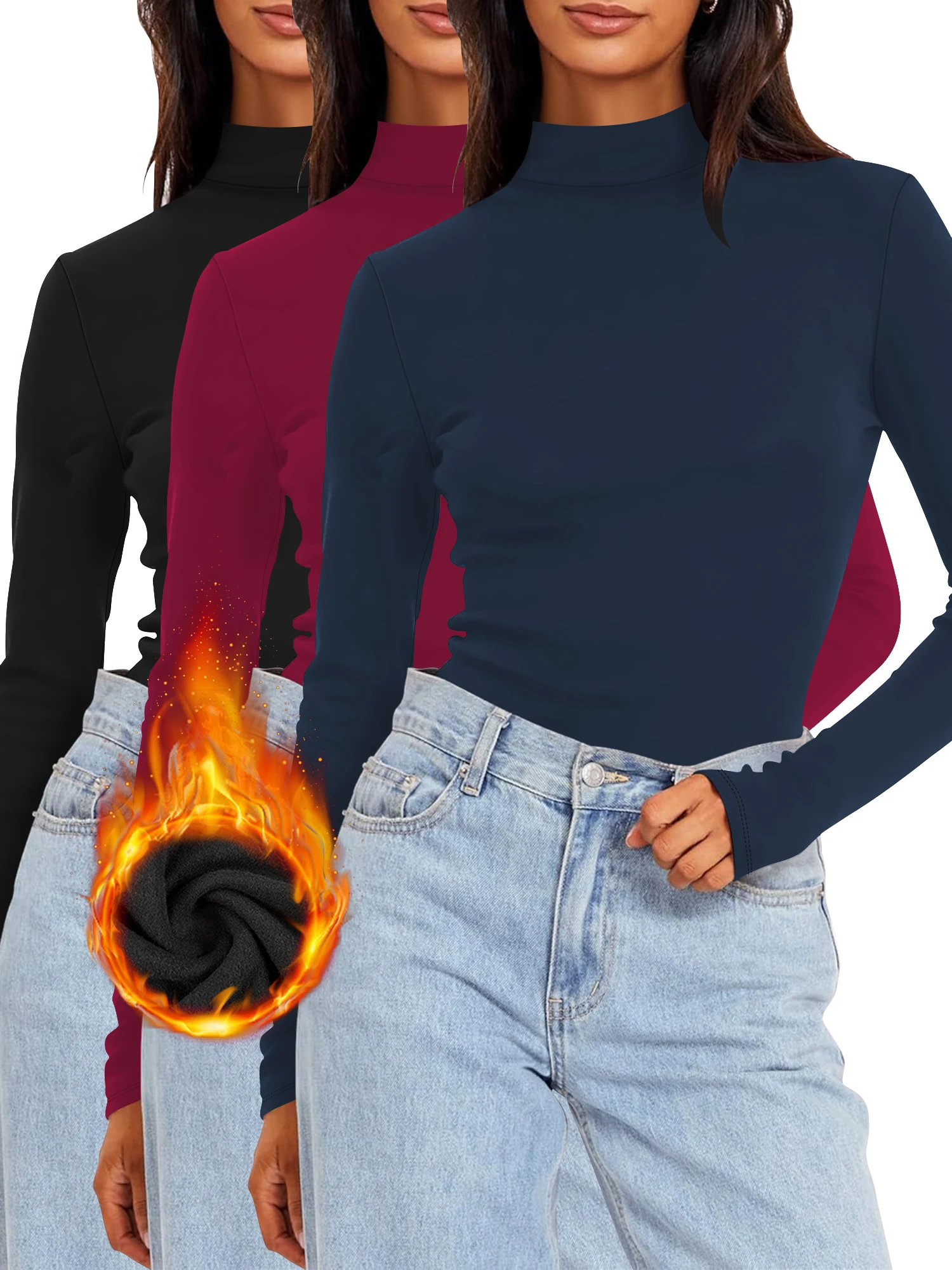 3 Pack Women's Thermal Top Long Sleeve Fleece Lined Undershirts Front Shoulder Seam Mock Neck Thermal Shirts for Winter