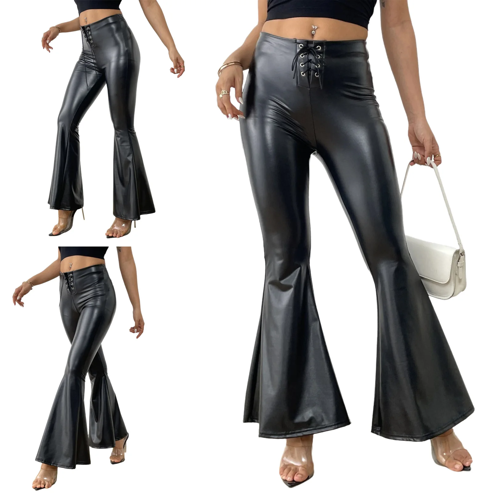 Damen-Hose aus Kunstleder mit Schlaghose, modische Schnürung vorne, elastischer Bund, Schlaghose für Party, Straße, Alltag