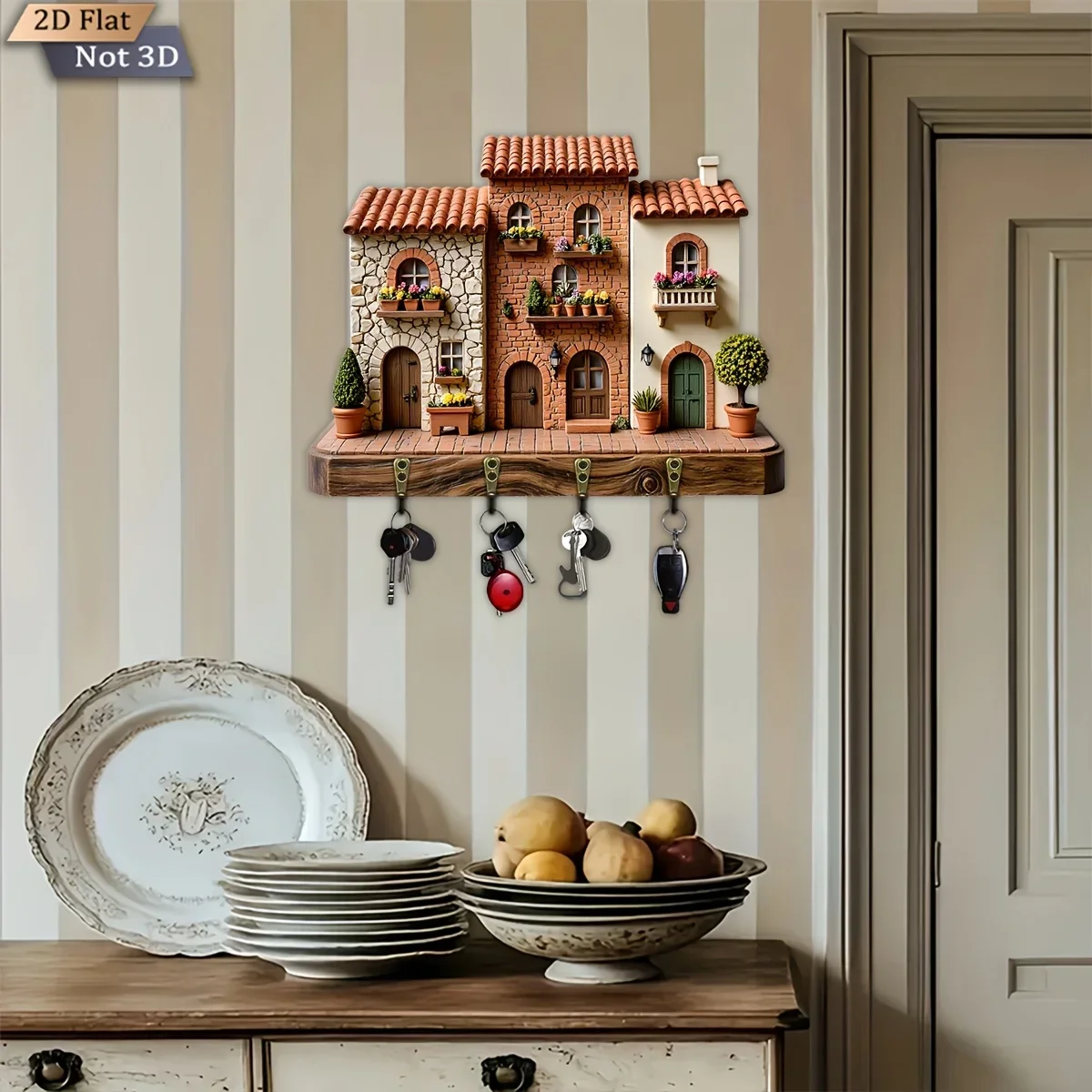 2D Flat, 1pc, European Retro Town Theme Style Key Hook Wooden Multifunctional Home Key Rack, with Four Metal Hooks, Wall