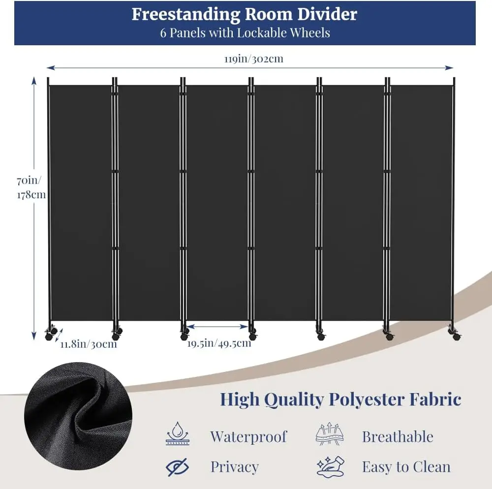 6 Panel Room Divider, 6Ft Tall Rolling Privacy Screen With Lockable Wheels, Folding Wall Dividers Portable Room Divider For Room