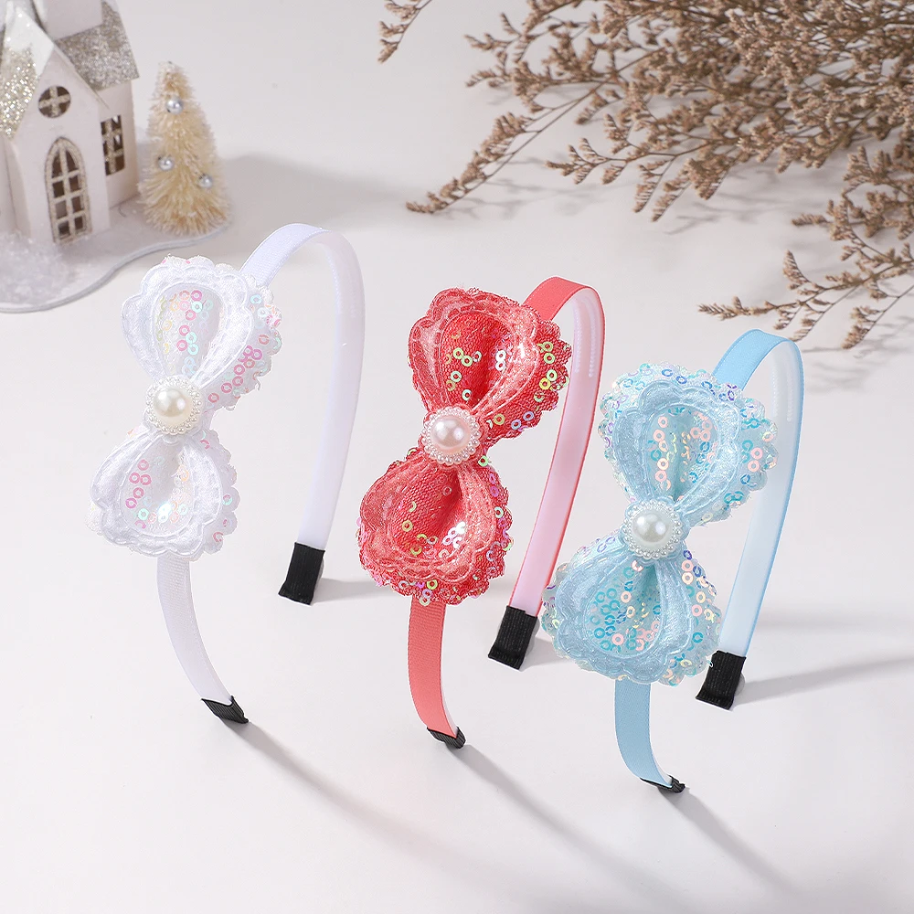 Wholesale Children Hair Accessories Lovely Shiny Headband Bows Hairhoop for Girl Exquisite Simulated Pearls Bow Headwear