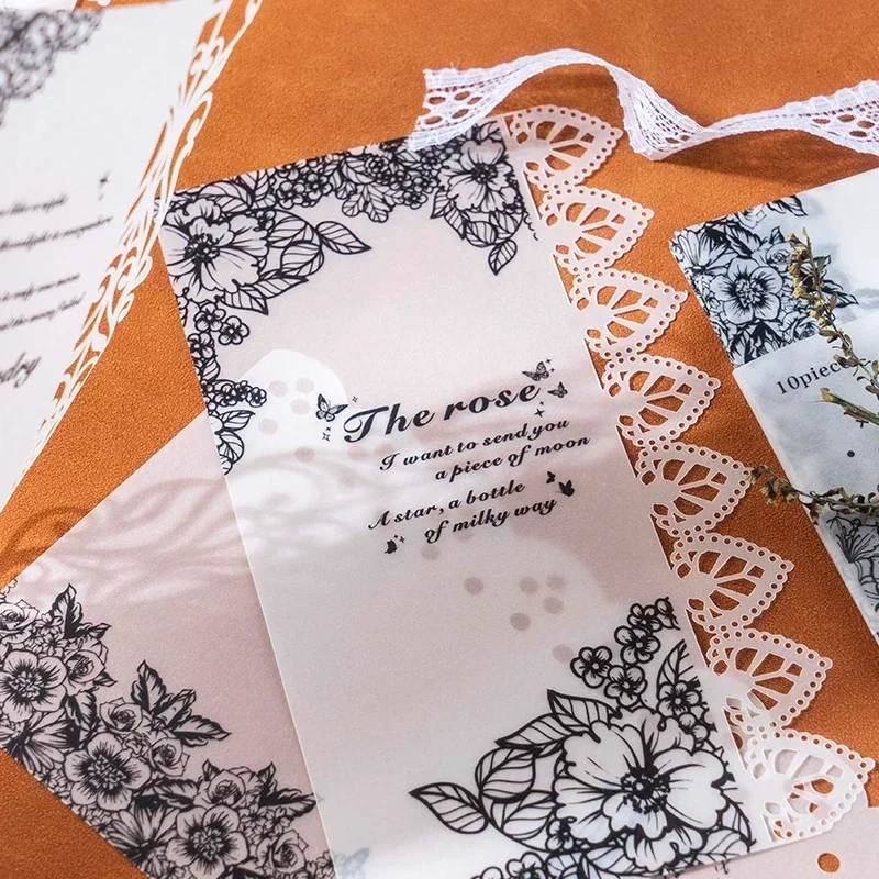 กระดาษลายดอกไม้แบบกลวง 102*200 มม. สำหรับงานสมุดบันทึกและงานประดิษฐ์  10 ชิ้นต่อแพ็ค สไตล์เรโทร สีดำ