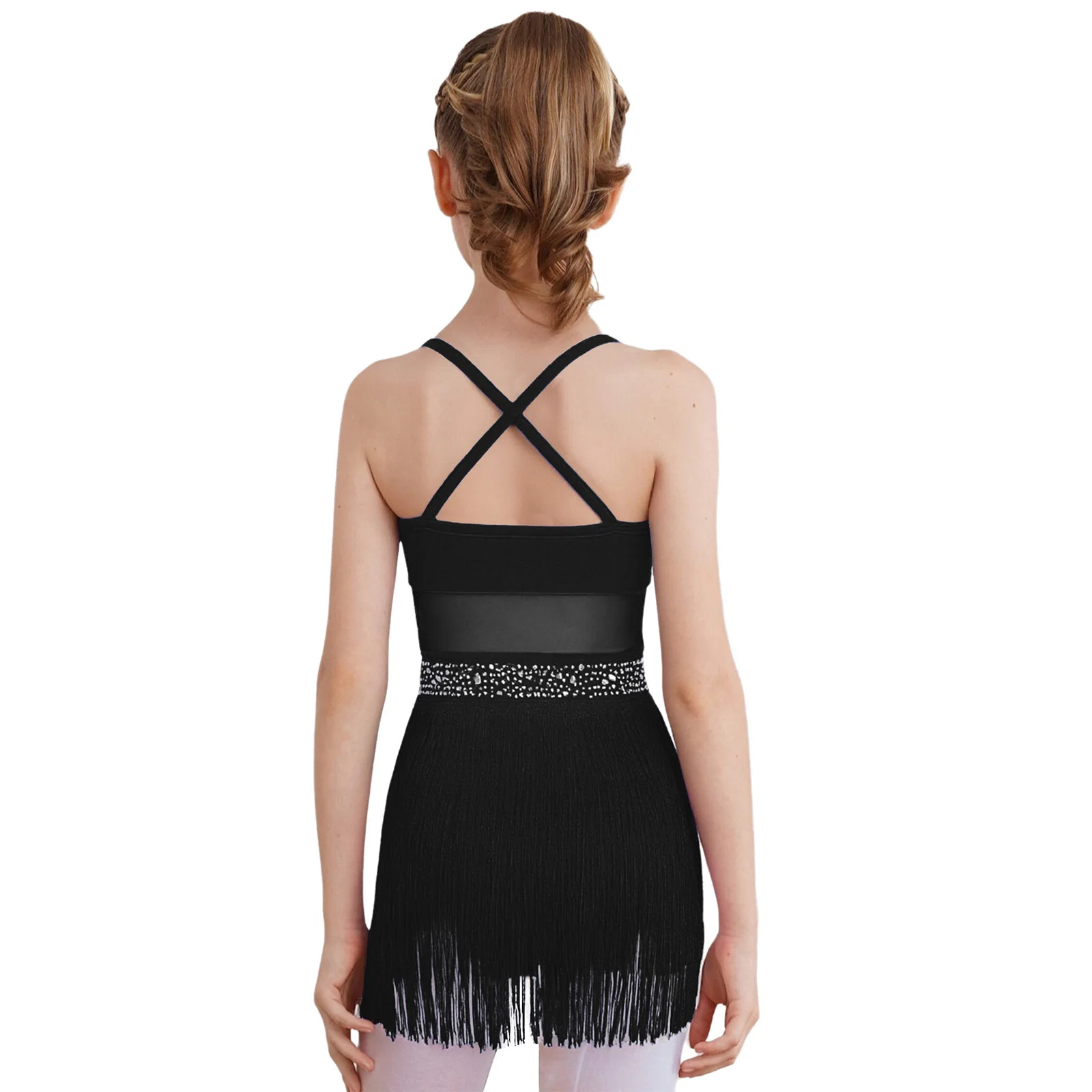 Kids Girls Latin Tango Dance Leotard Dress Party Cha-cha Samba Dancing Performance Costume Sparkly Rhinestone Mesh Tassel Dress