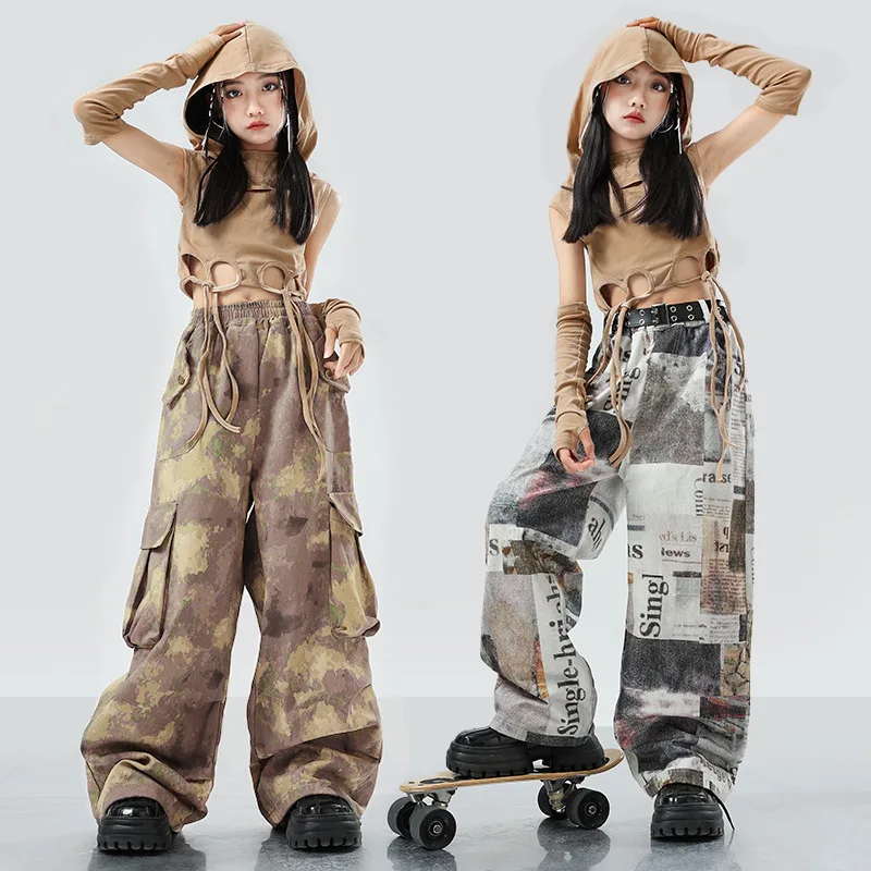 

Kid Wasteland Hip Hop Clothing Brown Hoodie Crop Tank Camouflage Print Cargo Pants Shorts for Girls Jazz Dance Costumes Clothes