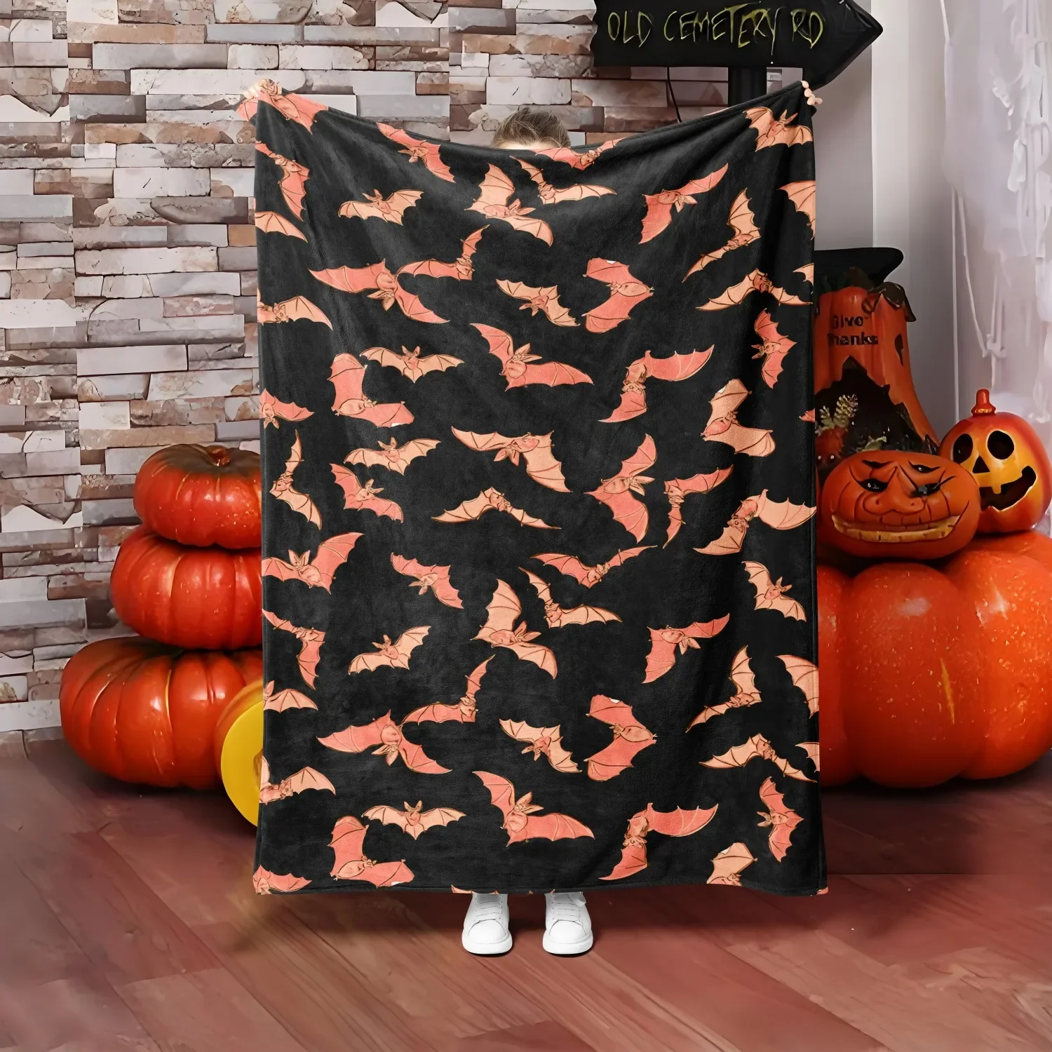 

Halloween Theme Throw Blanket – Pink Bats, Spooky Arts & "Boo" Print for Couch, Bed, Car, Home, Camping, All-Season Use
