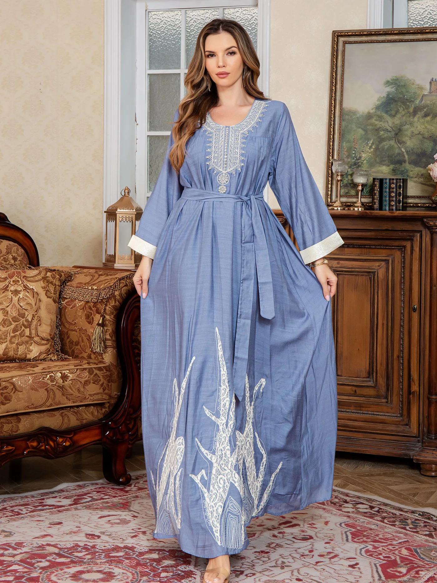 Muslim New Fashion Women's Casual Trendy Solid Color Embroideried Loose Long Sleeve Sash Pullover Abaya Female Middle East Arab