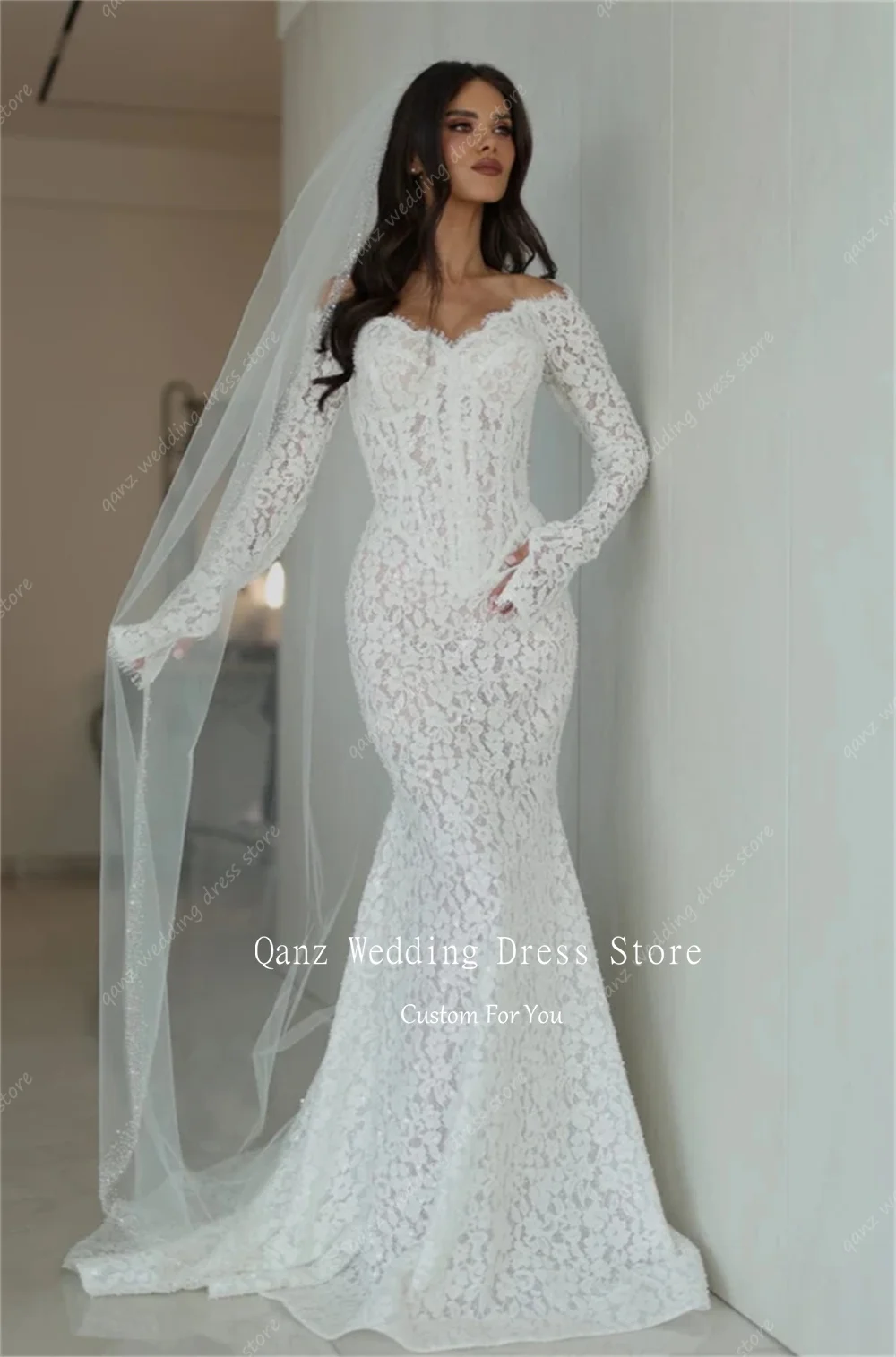 Qanz エレガントなレースのウェディングドレス女性マーメイド恋人ローブデマリエ長袖スパンコール付き Vestidos De Novia カスタマイズ