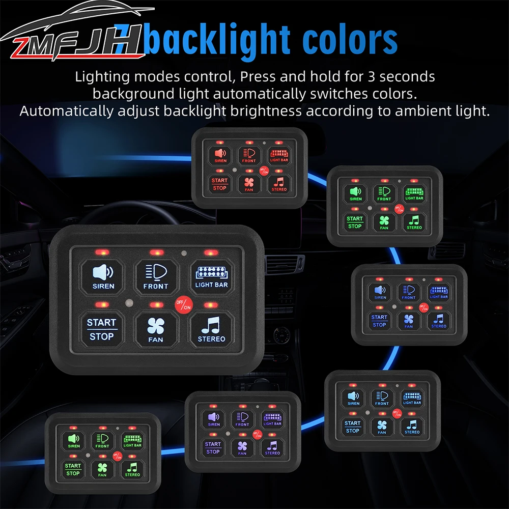 12V 24V 6 Gang Switch Control Panel 600W-1200W Circuit Control Relay Box 7 Color Backlight On-Off Switch Panel For Boat Jeep UTV