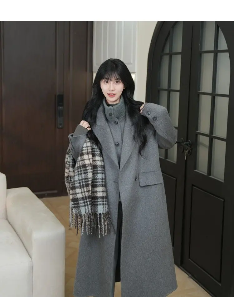 Cappotto di lana dritto da donna coreano di fascia alta con doppio colletto rovesciato Giacca di lana calda lunga allentata moda donna adatta autunno inverno