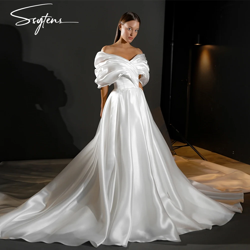 

SSYTENS Elegant Satin Evening Dresses for Women Off The Shoulder Ruched Formal Vestidos De Noche Wedding Party Gowns for Women