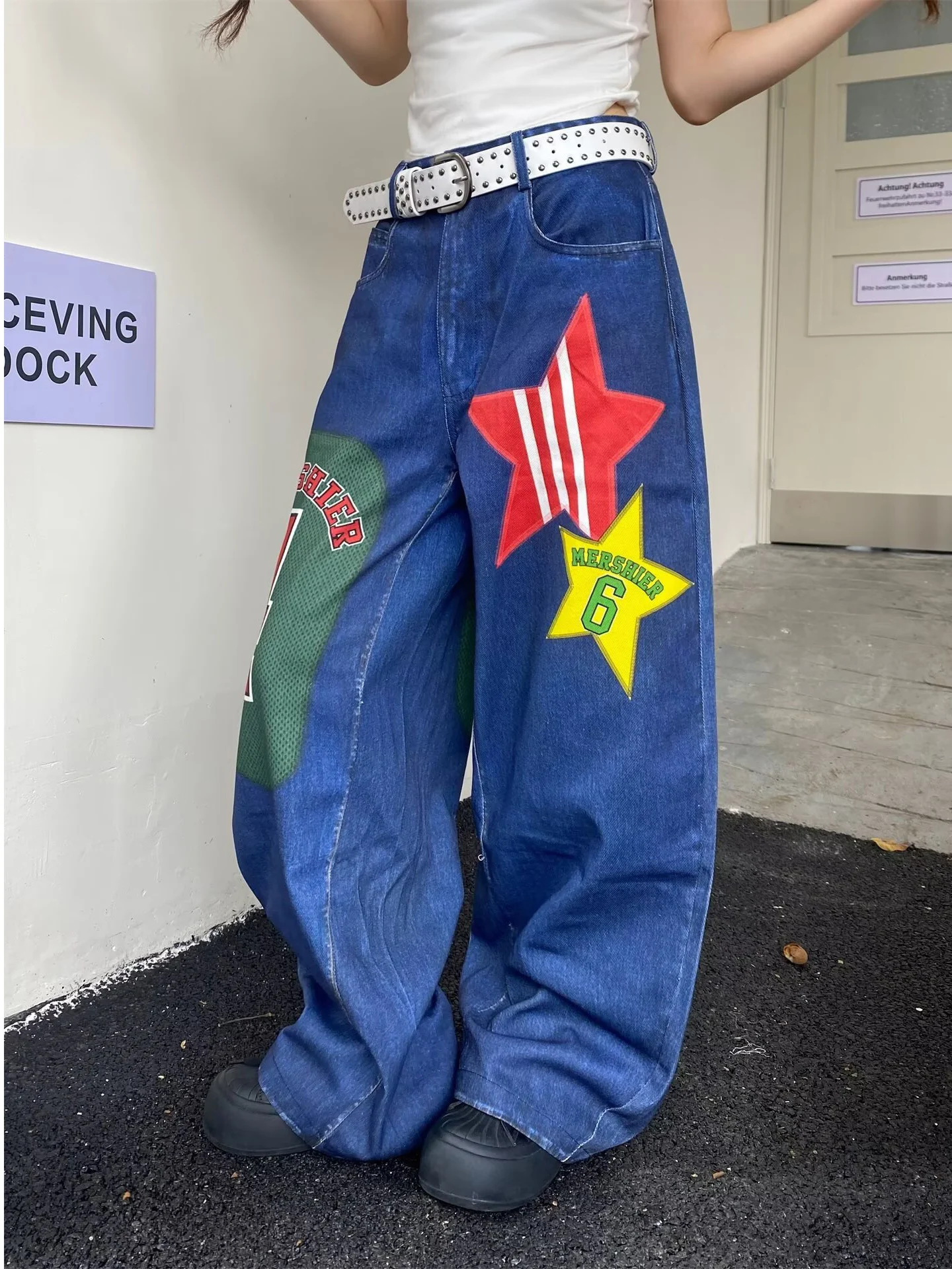 

Широкие джинсы в стиле ретро с принтом звезд в американском стиле, женские осенне-зимние тонкие свободные драпированные длинные брюки с высокой талией