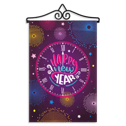 Garden Flag Happy New Year Midnight Clock 12x18IN & Hanger 14IN Printed Poly