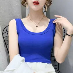 2023 Summer Women Basic Ribbed Knitted Tank Top Solid Color Sleeveless T-shirts Casual Camis Green Blue Elastic Female Tops