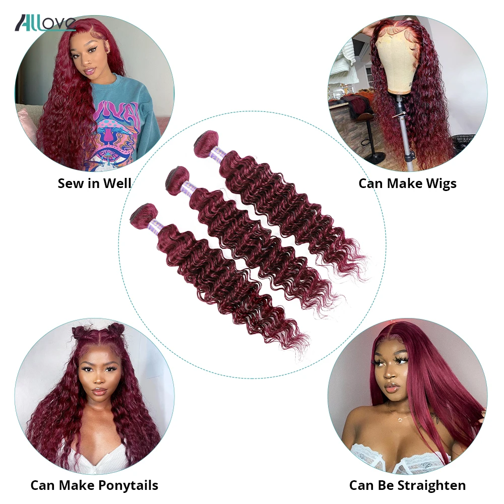 Allove-extensiones de cabello humano Remy para mujer, mechones de ondas profundas Borgoña 99J, 30 pulgadas, brasileño, rojo, 100% colores