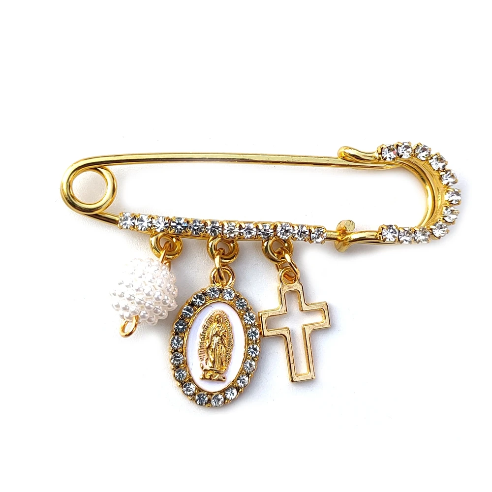 QIGO Religious Brooches Crystal Guadalupe Cross Acrylic Beads Tassel Pendant For Men Women With Box