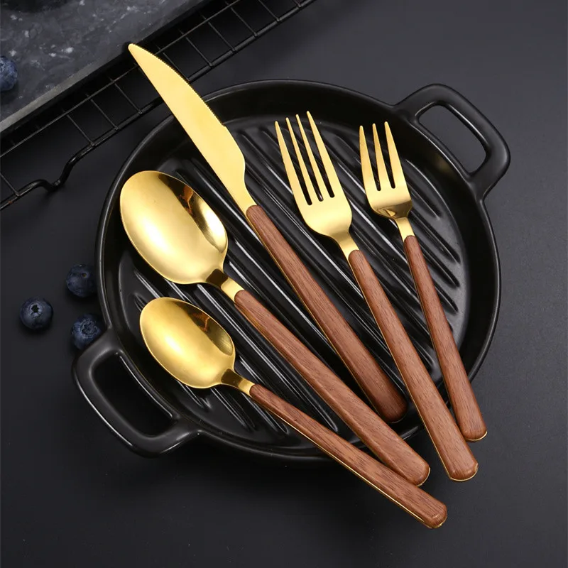 Wooden Handle Stainless Steel Cutlery Set Flat Japanese Style Spoon Fork Steak Knife Teaspoon Tableware Utensils for Kitchen