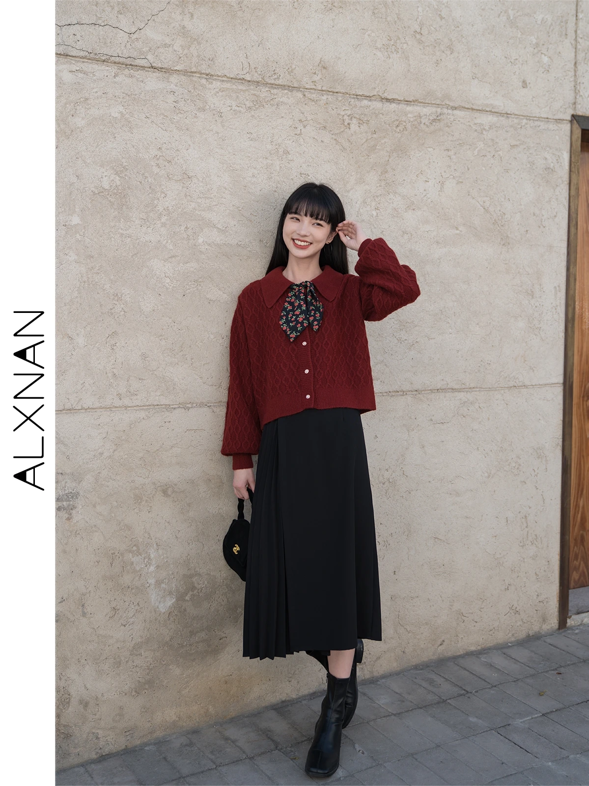 

Красный вязаный кардиган-пальто для женщин: новый, свободный крой, на пуговицах, теплый, повседневный, прямой силуэт