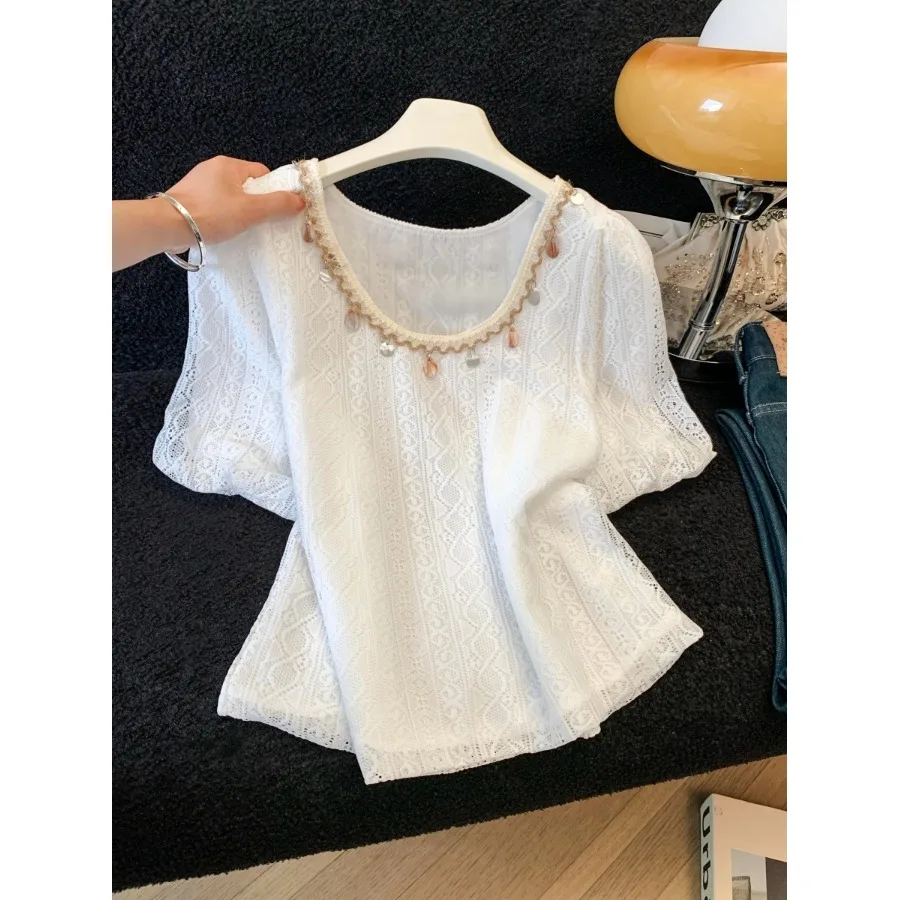 

Летняя повседневная женская блузка с пайетками, круглым вырезом и рукавами-фонариками, свободного кроя, с коротким рукавом, для прогулок по городу, модная