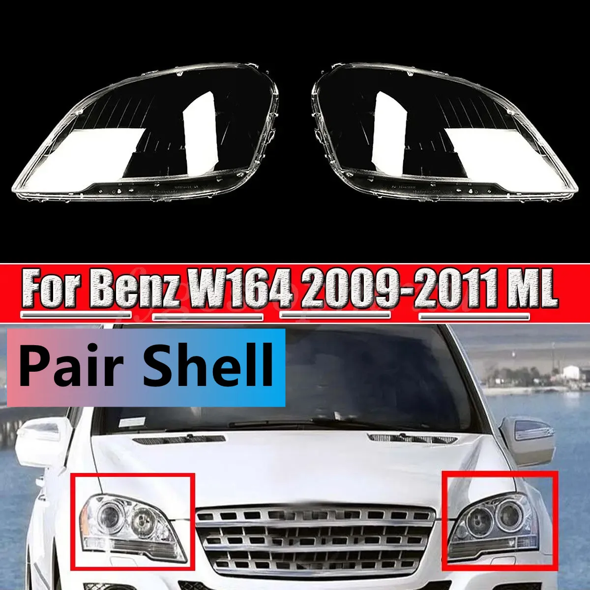 

Пара накладок на линзу передней фары для Mercedes Benz W164 ML-Class ML300 ML350 ML450 2009 2010 2011, прозрачный абажур