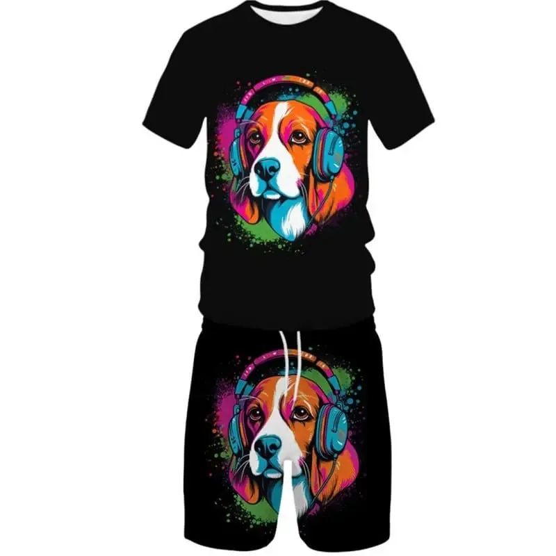 Letni zestaw sportowy z nadrukiem 3D na rok 2025, męski i damski, uroczy zestaw z koszulką i szortami z motywem psa, 2-częściowy zestaw.