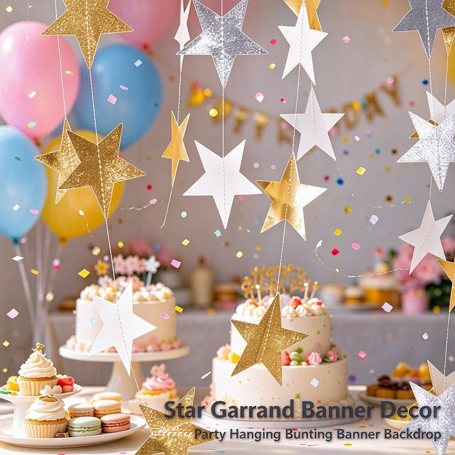 4 Meter Double Sided Star Garland, Hanging Banner for Wedding Birthday Party Room Ceiling Decorations