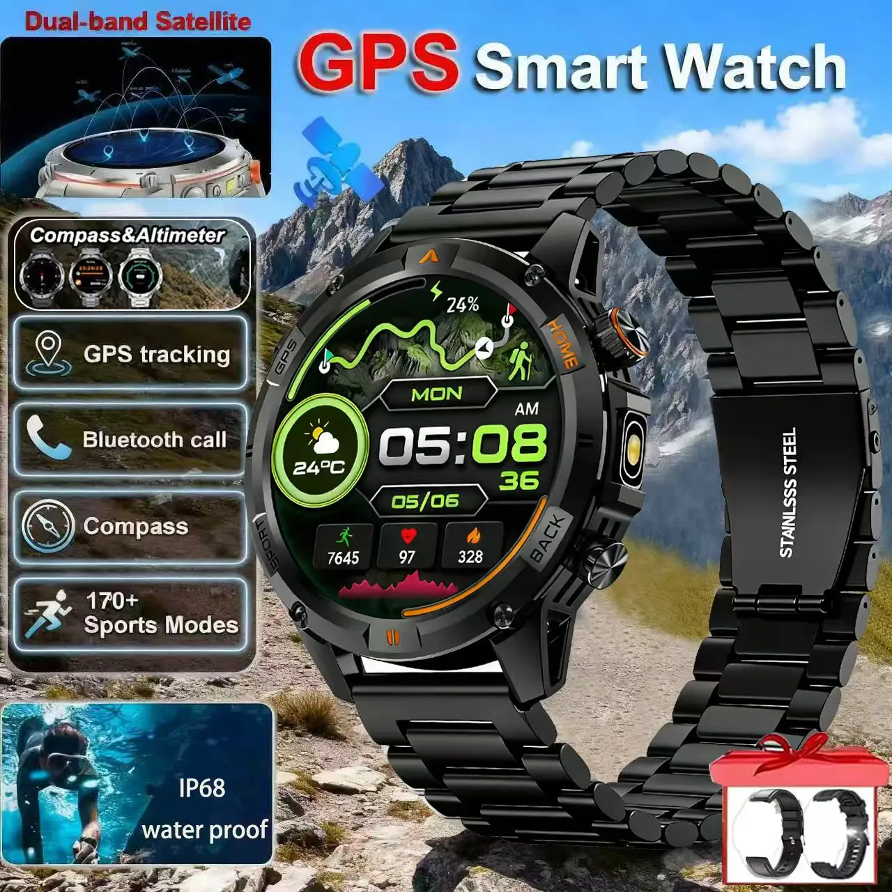 

2025 New military Dual-band GPS Compass SmartWatch Bluetooth call SWIM IP68 Waterproof outdoor Sport SmartWatch For Men's Gifts