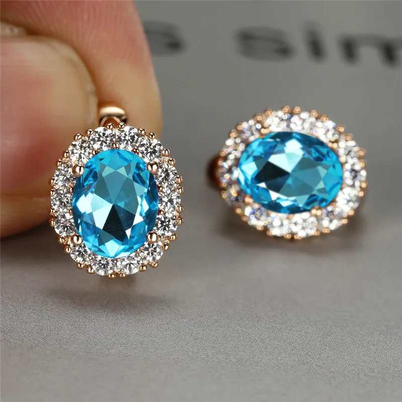 Female Fashion Multicolor Crystal Earrings Rainbow Zircon Oval Stone Hoop Rose Gold Color Engagement For Women