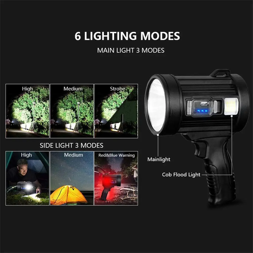 Led Searchlight Spotlight 6000mah Rechargeable Battery 15800Lm Super Bright Flashlight Portable Spotlight Outdoor Emergency Tool
