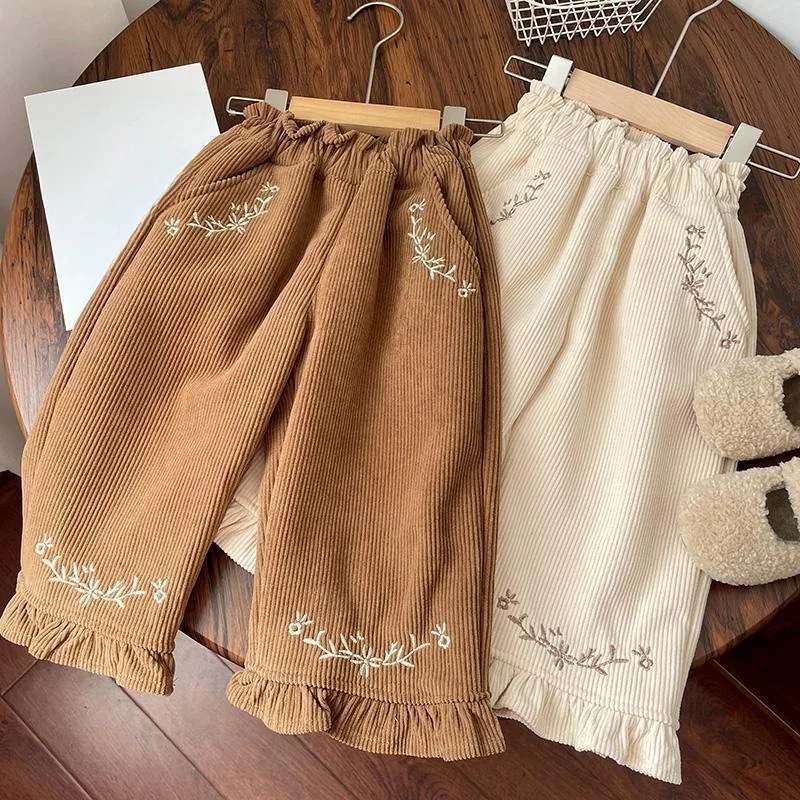 

Kids Pants Children Clothing Girls Trousers Velvet Autumn Winter Korean Corduroy Baby Warm Elastic Waist Embroidery Flower Pant
