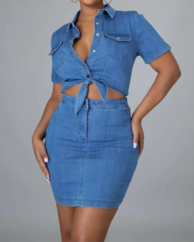 Women\'s Fashion Sexy Denim Dress Daily Casual Lapel Deep V-Neck Half Sleeve Loose Dresses Vintage Skinny Jeans Jumpsuit