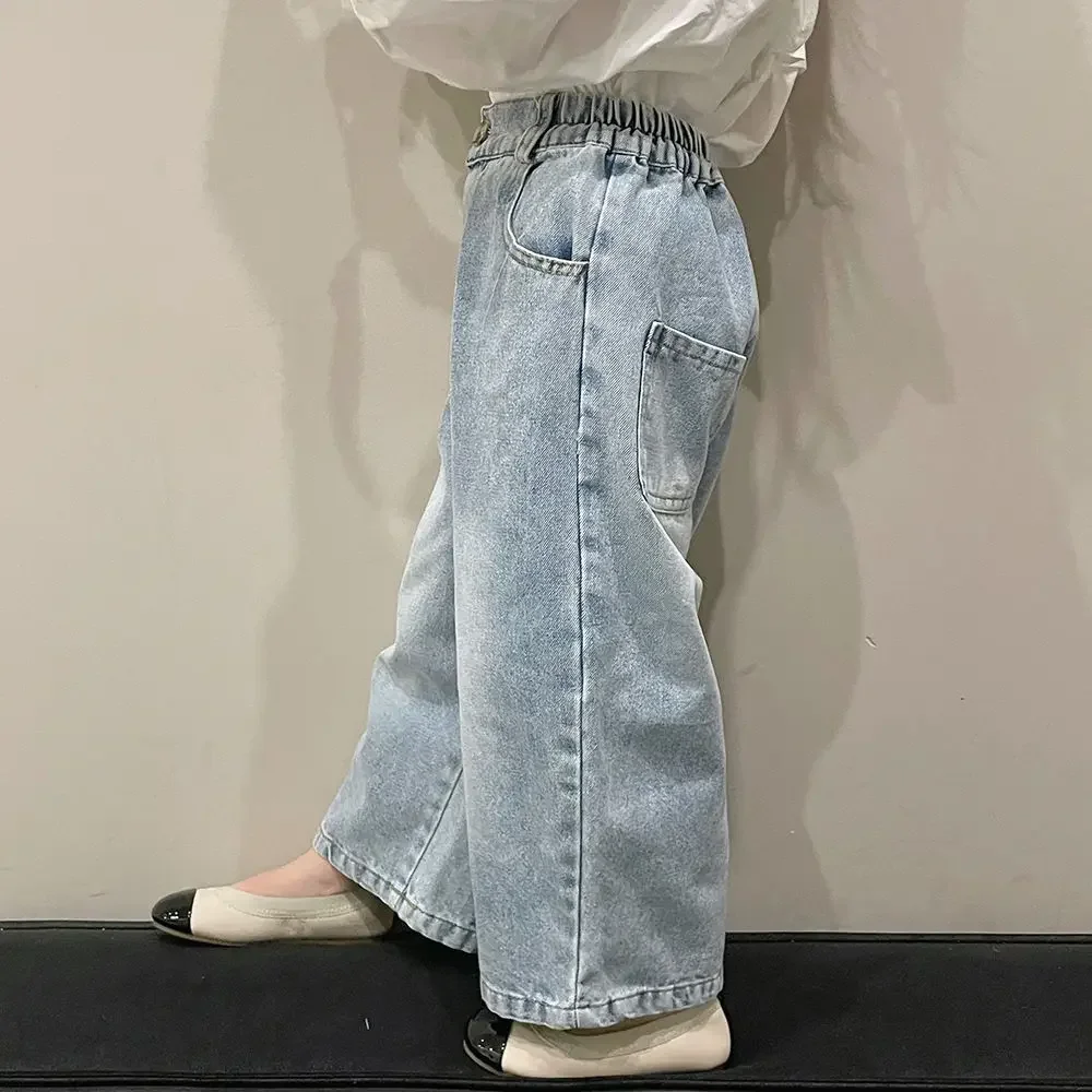 2023 wide leg pants jeans elastic waist ankle length loose straight cotton clean solid soft comfortable new korean children girl