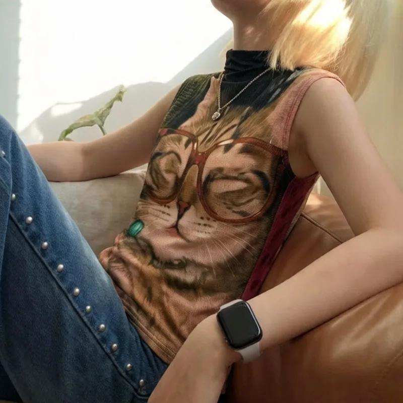 2026 Summer Vintage Individuality Cat With Glasses Print Waffle Mock Neck Sleeveless Vest Textured Slim Crop Sleeveless Top Ins