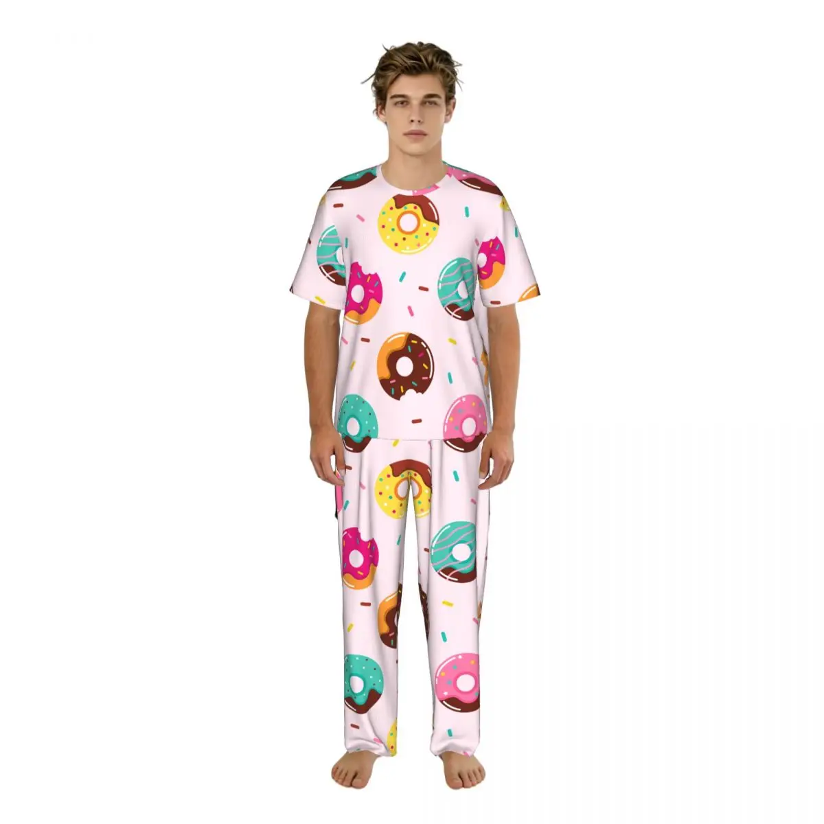 

Men Pajamas Set Sweet Summer With Donuts Short Sleeve Spring Summer Lounge Sleepwear Male Nightwear