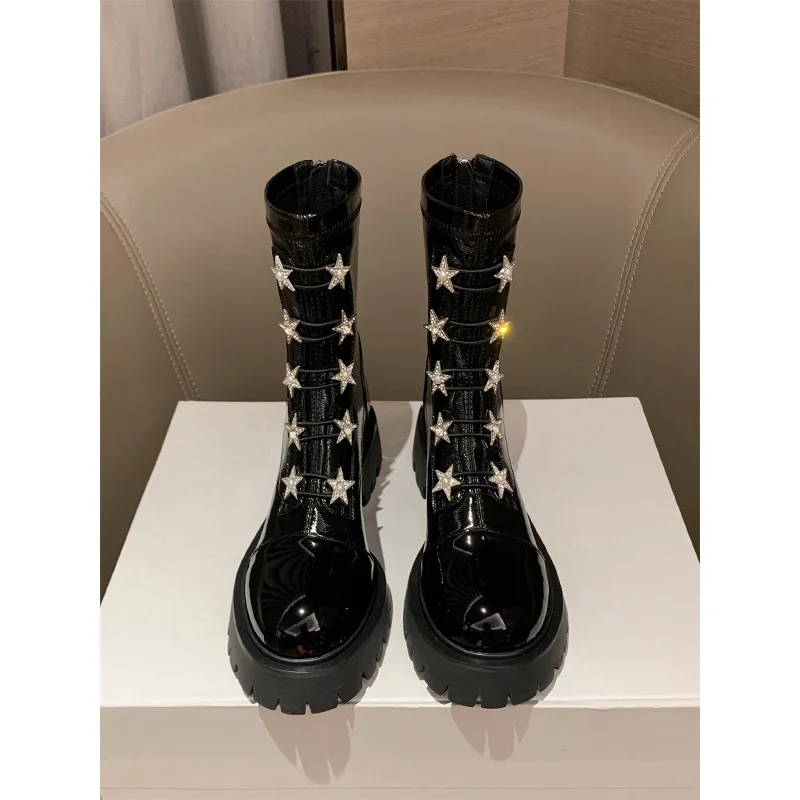 Botines de charol de terciopelo para mujer, zapatos de diseñador con diamantes de imitación, cremallera, suela gruesa, botas modernas de tubo medio