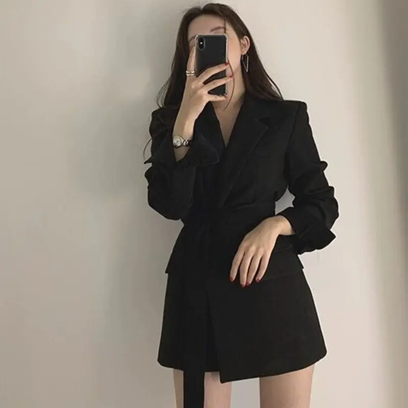 2024 Spring and Autumn New Korean Edition Temperament Commuter Belt Simple Mid Length Suit Coat Casual Small Suit Girl