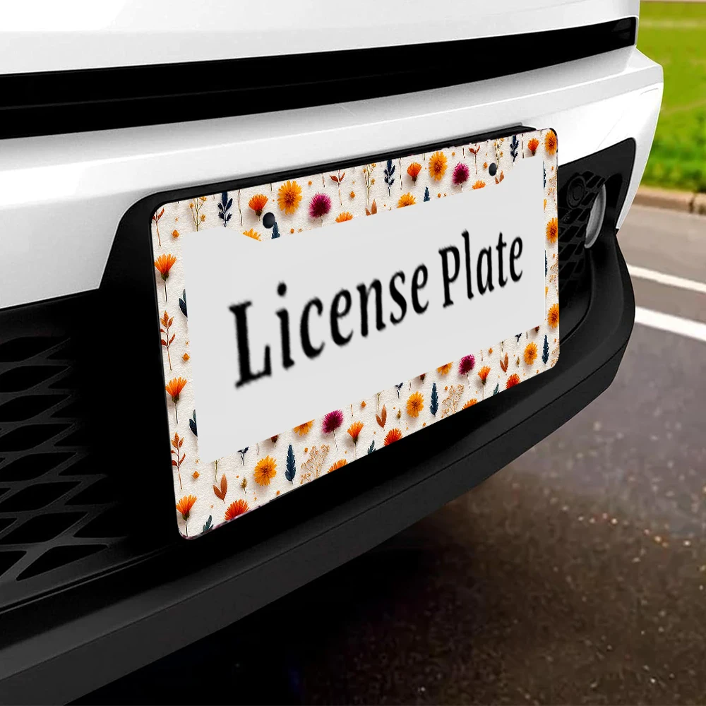 1 قطعة إطار لوحة ترخيص بنمط زهور عتيقة بفتحتين، تصميم زهرة متعدد الألوان، مادة ألومنيوم، 6 × 12 بوصة، يتضمن برغي