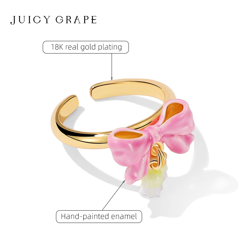 JUICY GRAPE Pink Bow Ring for Women Handmade Enamle Bellflower Ring Elegant Bellflower Ring 18K Gold-Plated Special Gift