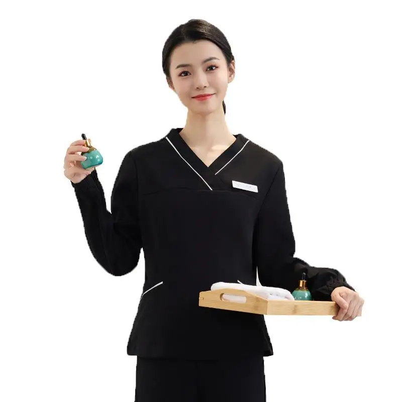 

Beauty Salon Work Clothes V-neck Health SPA Medical Beauty Technician Long Sleeved Suit Professional Massage Uniform Print LOGO