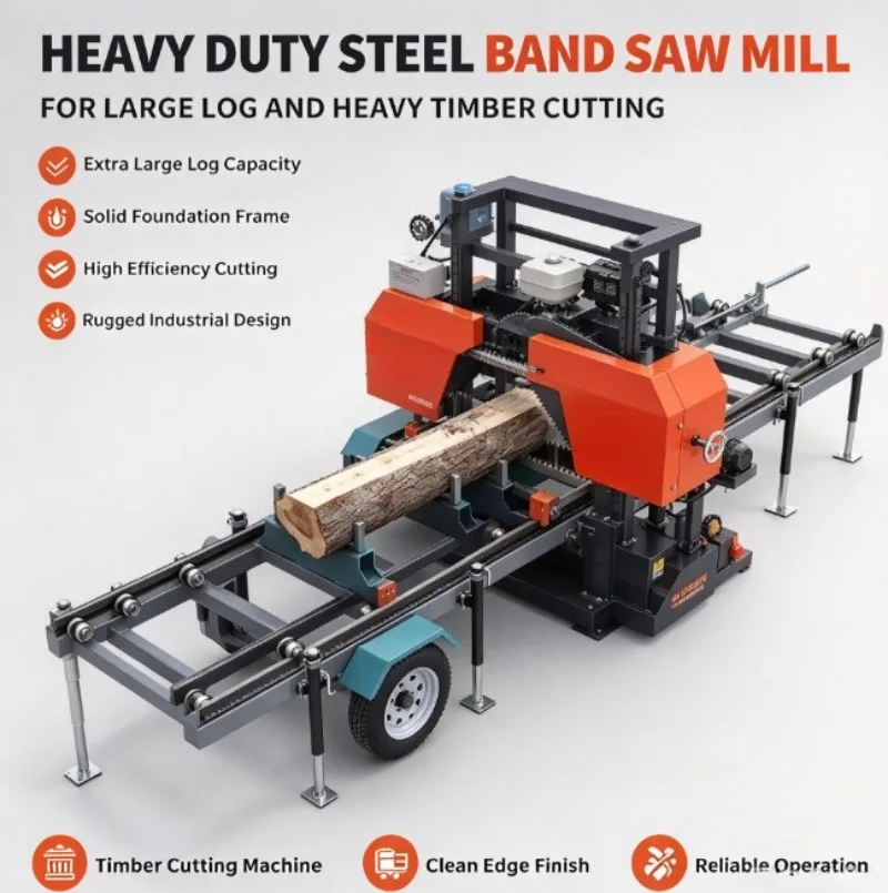 Portable Sawmill With Trailer Horizontal Wood Band Saw 15HP Firewood Processor For Log Splitting Work