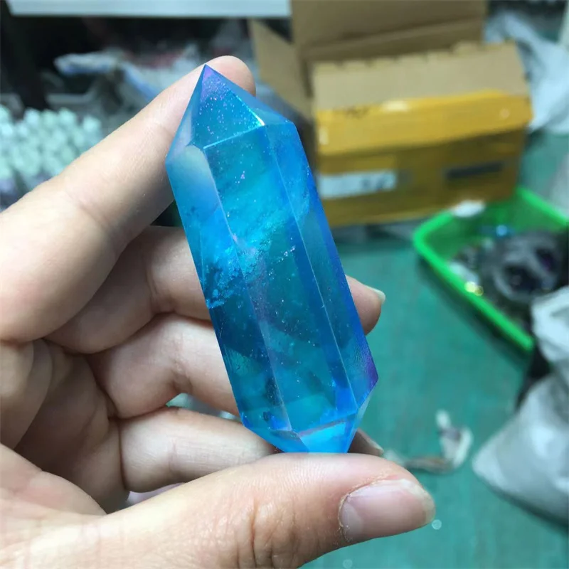 Natural Stones Polished Aura Blue Quartz Crystal Double Wand Point Healing Reiki Gemstones Home Decoration