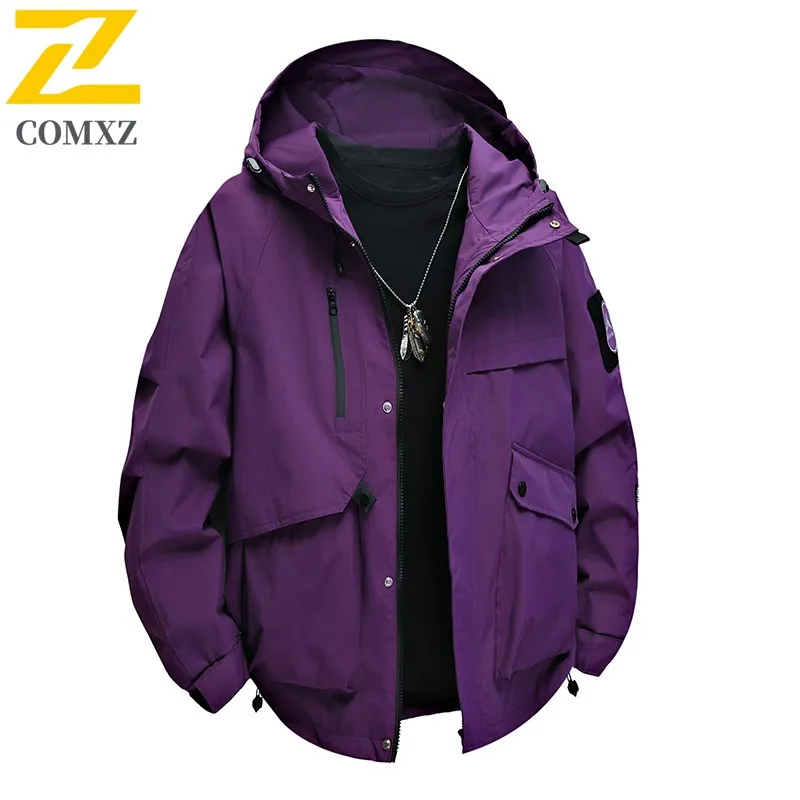 COMXZ الرجال سترة خارجية 2025 عادية مقنعين التخييم ارتداء سترات مقاومة بلون التخييم يندبروف الخريف سترة واقية #6