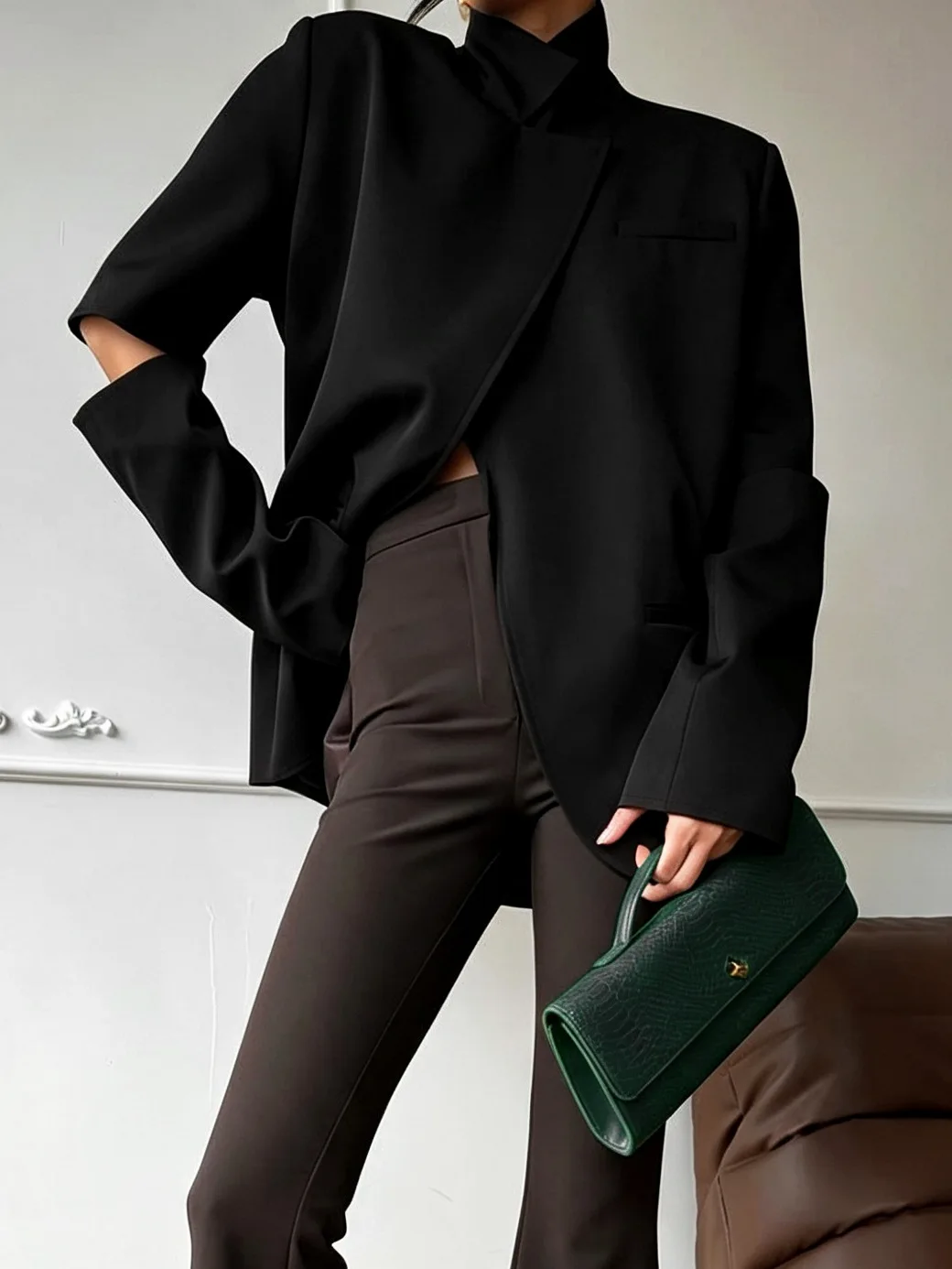 Women's High Neck Suit Jacket Autumn 2026 Design Sense Slanted Placket Hollow Cut Sleeves Loose Temperament