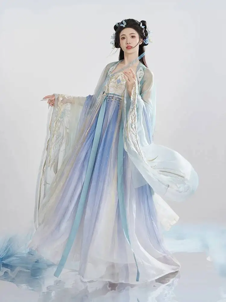 Hanfu 여자 큰 소매 셔츠 자수 요정 정장 어깨 끈 Hezi 스커트 실크에 드레이프